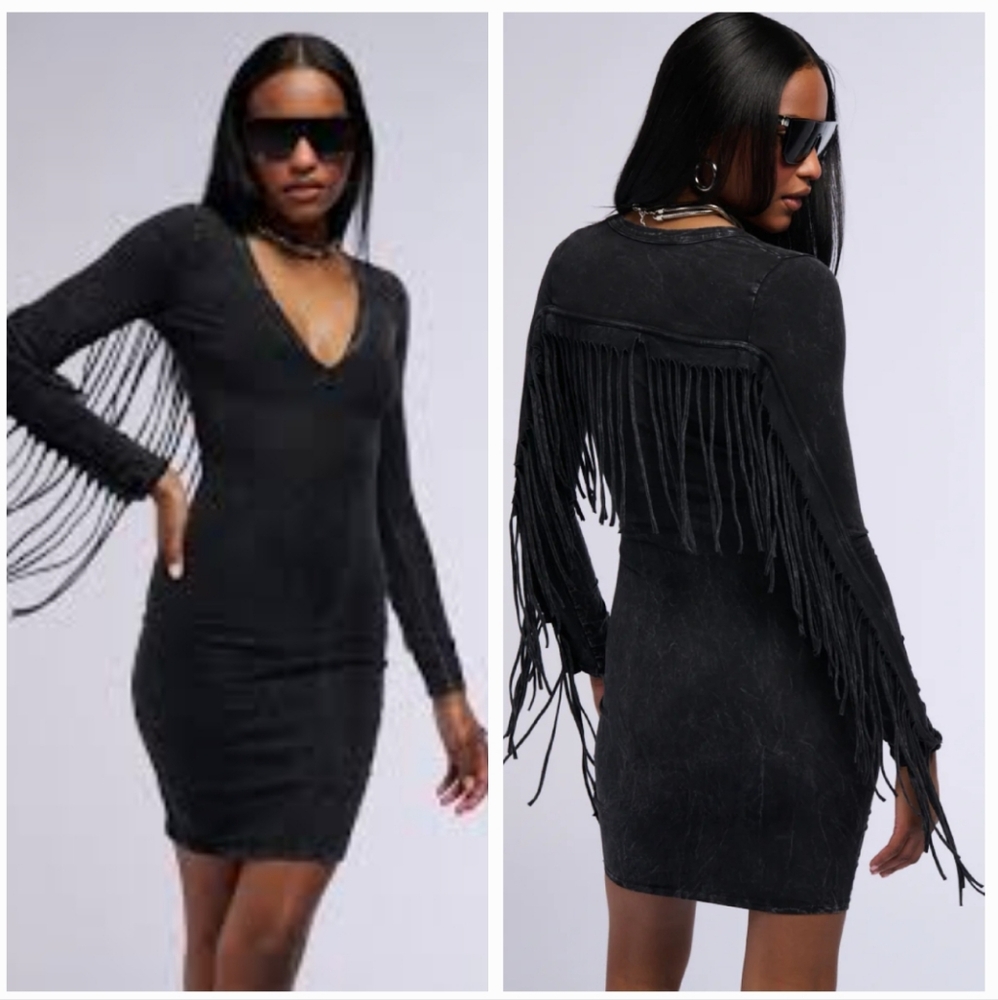 Fringe Detail Black Dress